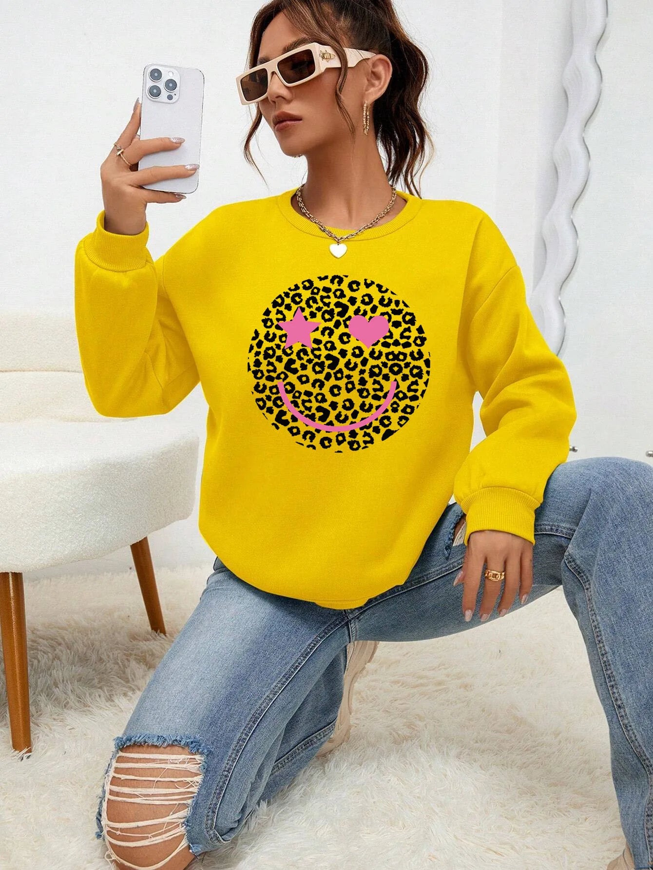 Leopard Print Smile Face Love Printed Sweatshirt Autumn Soft Hoody Fleece Warm Hoodies Street All-match Female Pullover
