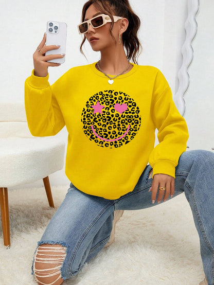 Leopard Print Smile Face Love Printed Sweatshirt Autumn Soft Hoody Fleece Warm Hoodies Street All-match Female Pullover