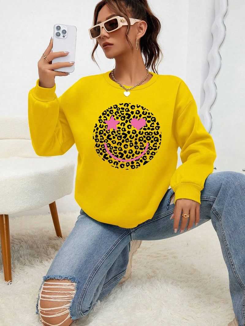 Leopard Print Smile Face Love Printed Sweatshirt Autumn Soft Hoody Fleece Warm Hoodies Street All-match Female Pullover