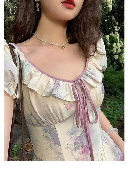 French Printing Long Dress Bandage Short Puff Sleeve Dress Summmer Bodycon Prom Party High Waist Dresses Woman