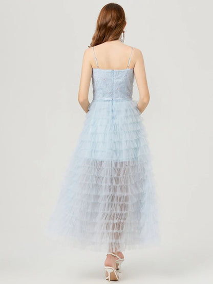 Pearls Sequins Diamonds Blue Mesh Cake Long Dress Spaghetti Straps Wedding Evening Party Bridesmaid Clothes
