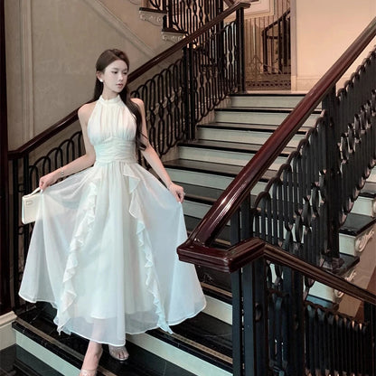 White Long Dresses Ruffles Halter Sleeveless Spring Summer Sweet Vestidos Korean Fasion Dress