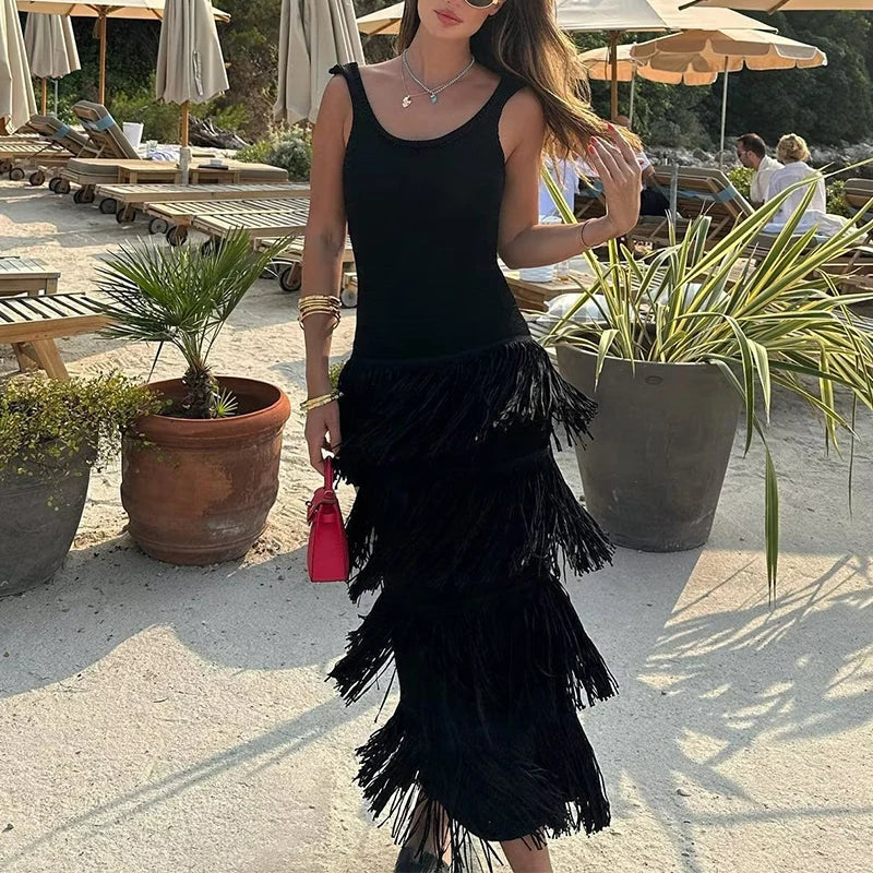 Backless High Waist Knitted Dresses Oneck Slim Tassel Dress Hollow Sleeveless Tight Long Dress