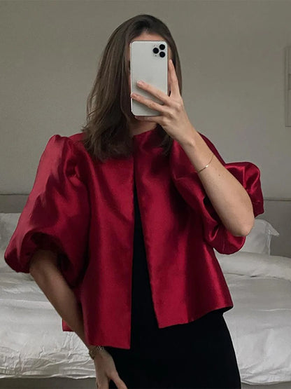 Stain Puff Sleeve Blouses Loose O-neck Single Breasted Shirts Female Summer Street Tops