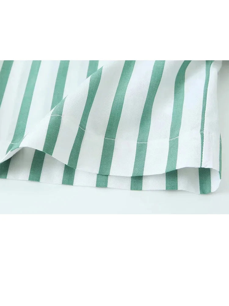 Summer Causal Short Sleeves Shirts for Woman Green Stripes Lapel Tshirt Buttons Female Cropped Slim Blouses