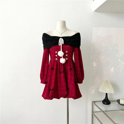 Y2k Christmas Red Party Dress Sweet Plaid Bow Dresses Female Korean Kawaii Mini Dress
