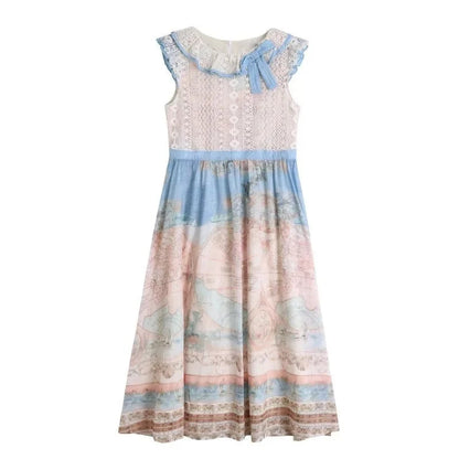 Sweet Oil Painting Style Dress for Summer New Atmosphere Bow Lace Round Neck Aline Party Long Dresses