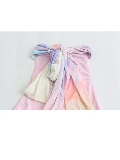 Woman Summer Tulle Gradient Halter Mini Dress Ruched Backless Slim Dresses Female Sleeveless Short Dress