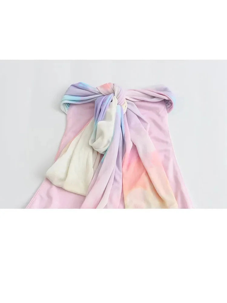 Woman Summer Tulle Gradient Halter Mini Dress Ruched Backless Slim Dresses Female Sleeveless Short Dress