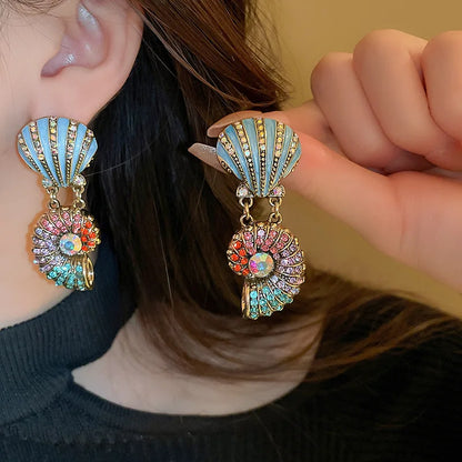 Rhinestone Shell & Starfish Double Pearl Necklace & Rhinestone Sea Shell & Ammonite Earrings Set