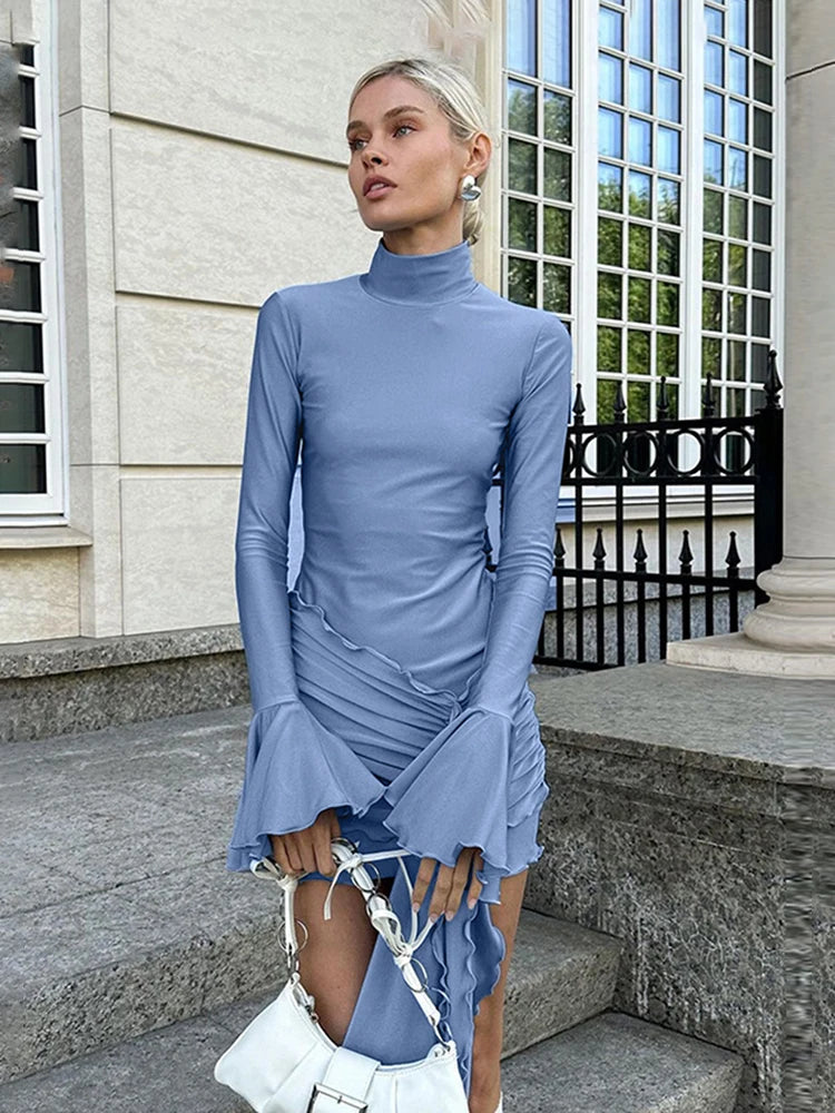 Autumn New Flare Sleeve Bodycon Dress for Edible Tree Fungus Irregular Splice Gown Mini Dresses Color
