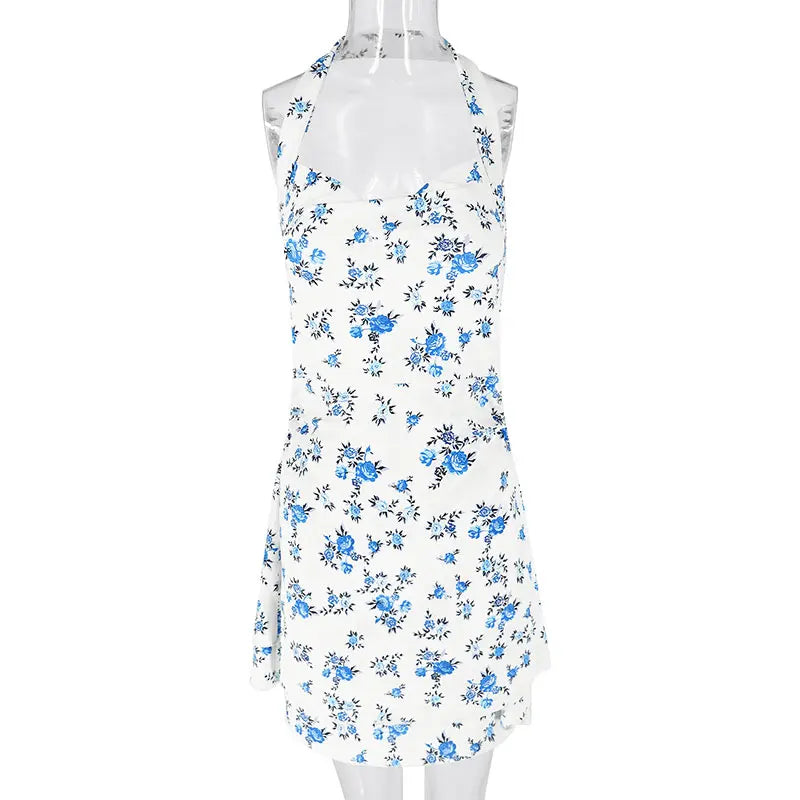 Halter Mini Dresses Spring Summer New Slim Blue Print Dress Backless Dress