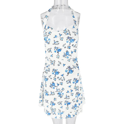 Halter Mini Dresses Spring Summer New Slim Blue Print Dress Backless Dress
