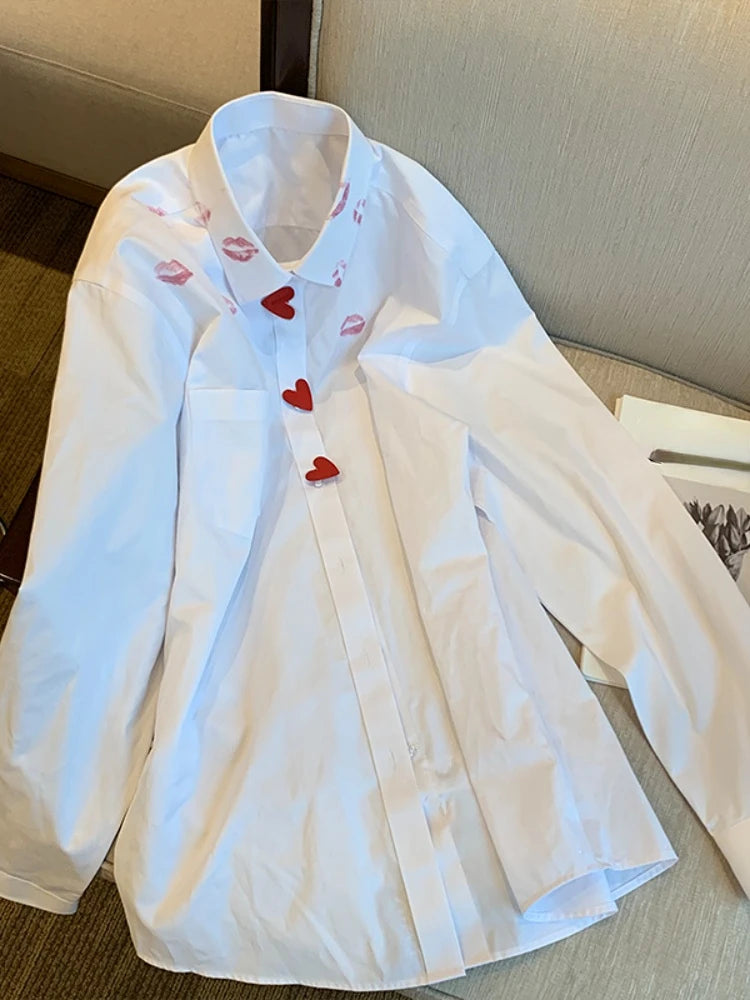 French Style Turn Down Collar Blouse Spring Print Heart Button White Long Sleeve Blusas Harajuku Loose Lip Shirt