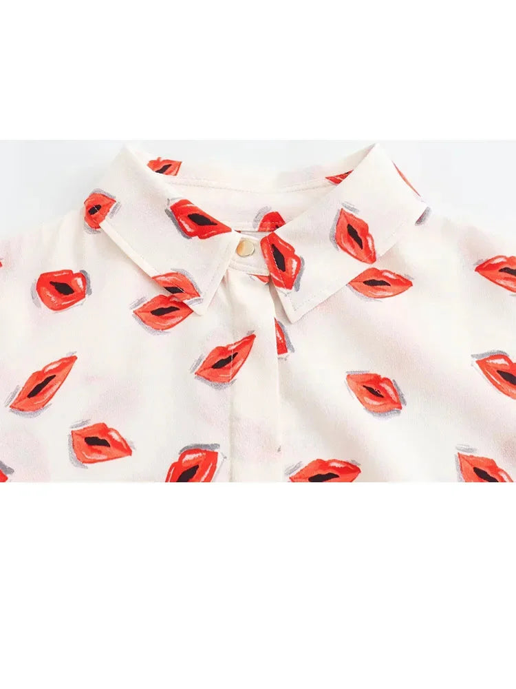 Summer Blouses Woman Lips Printed Lapel Long Sleeves Single Breasted Shirts Female Loose Shirt Top
