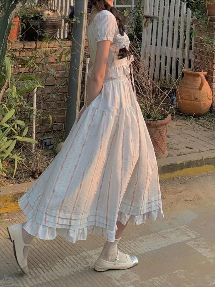 Summer Korean Ruffles Fairy 2 Pieces Set Square Collar Princess Kawaii Print Blouse+high Waist Skirts Suits