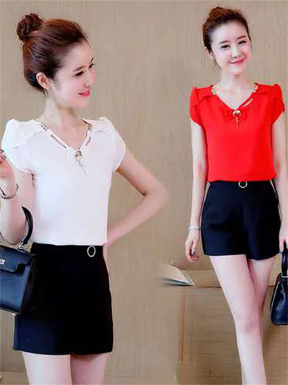 ’s Tops Chiffon Blouse Short Sleeve Summer Blusas Woman Shirt Blouses Female Top Tee Df2584