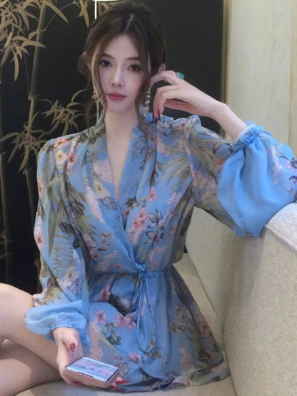 French Flower Chiffon Dress Retro Lantern Sleeve Mini Dress Female Even Party Korean Summer