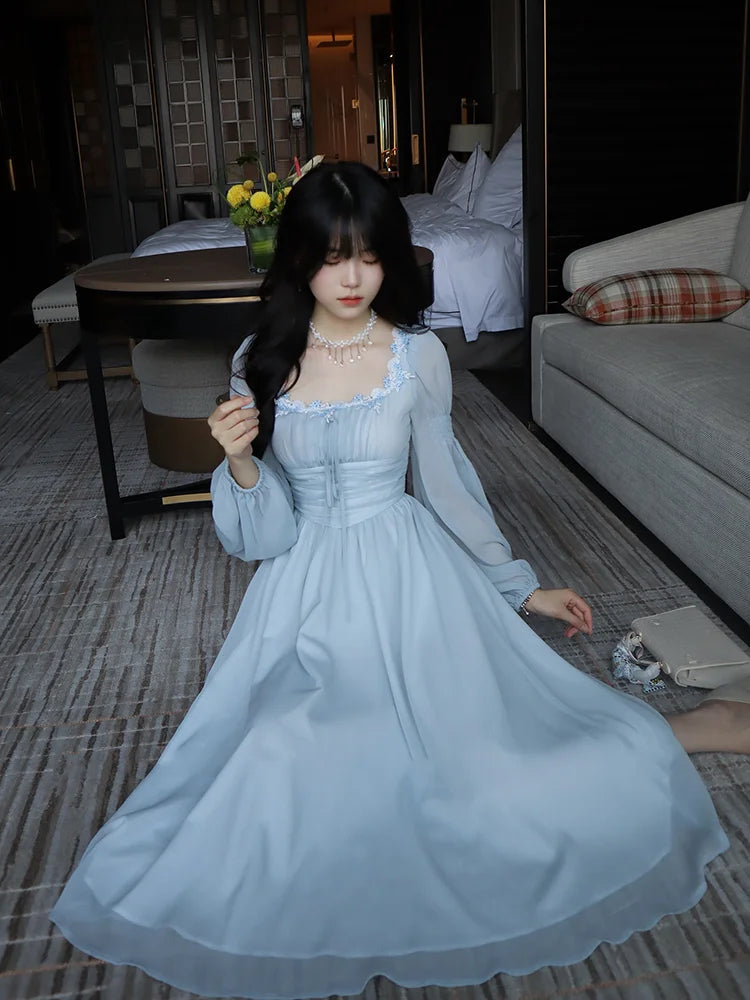 French Lantern Sleeve Lace Up Midi Dress Summer Square Neck Evening Party Prom Robe Female Vestidos Mujer Autumn