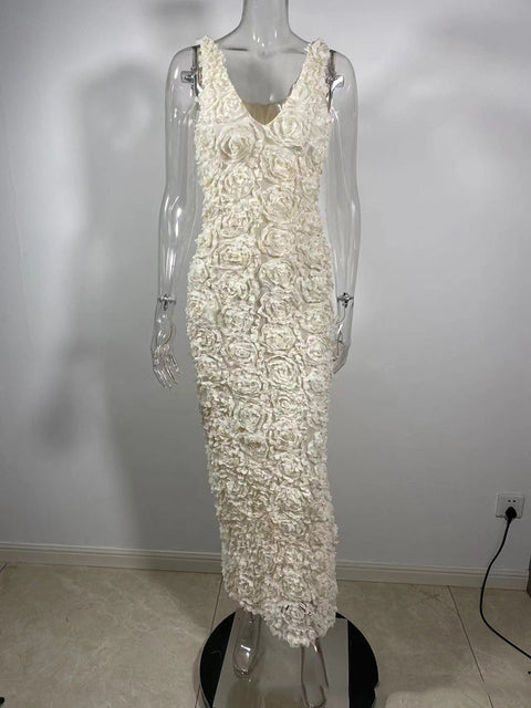 Cream Rose Decal Dress for Deep V Neck Sleeveless Backless Bodycon Club Party Maxi Dress