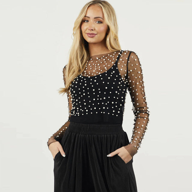 Pearl Mesh See Through T-shirt Long Sleeve Pullover Blouse Summer U Neck Tee Shirt Tops