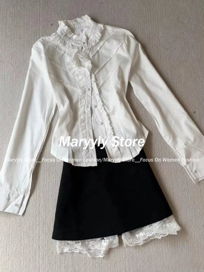 Autumn Y2k Gothic Outfits Long Sleeve Cardigan Coat + Ruched Hollow Out Shirts+ Lace High Waist Mini Skirts 3 Piece Sets
