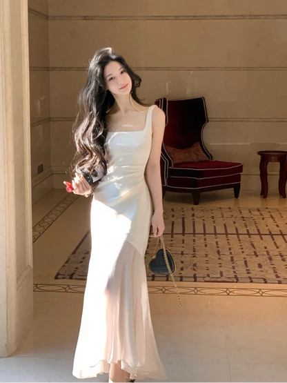 Party Prom Midi Dress Summer Irregular Mesh Straps Princess Vestidos Slim Ruched Mermaid Dress
