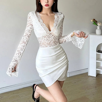 Party Dress Aesthetic V Neck Lace Patchwork Long Sleeve Bodycon Mini Dress Evening Club Dresses Clubwear