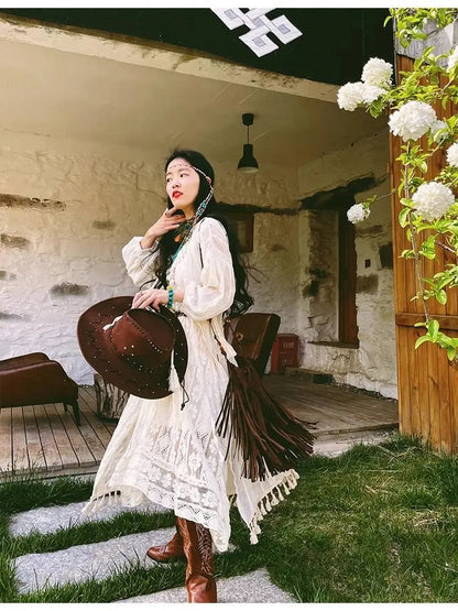 Summer Style Lantern Sleeves Tassel Lace Cardigan Apricot Sunscreen Cover Top Strap Camisole Long Dress Clothing