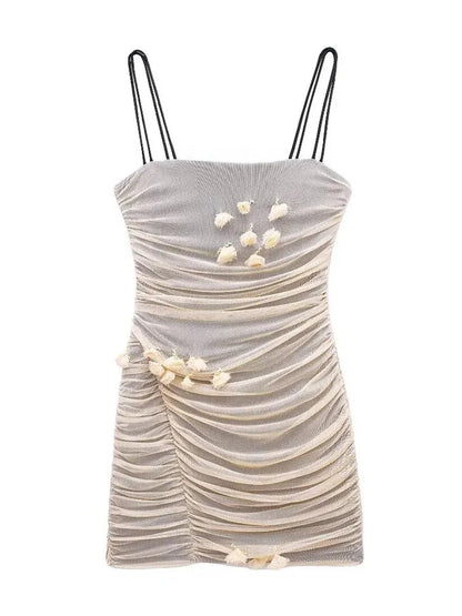 Summer Female Slip Mini Dress Mesh Ruched Sleeveless Dresses Female Backless Slim Dress