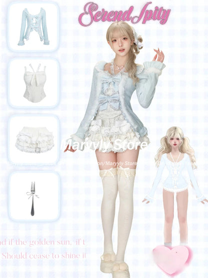 Winter Sweet New 3 Piece Sets Outfits Long Sleeve Bow Cardigan + Slim Vest + Lace Patchwork Mini Skirt