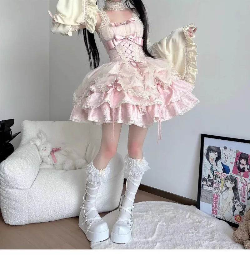 Japanese Sweet Lolita Jsk Dress Gothic Y2k Bow Lace Ruffles Evening Party Mini Dresses Harajuku Kawaii Black Vestidos