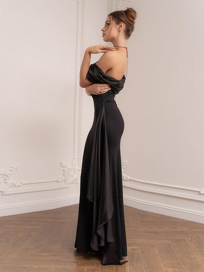 One Shoulder Mesh Patchwork Ribbon Dress New Slim Fit Black Female Long Dress Party Evening Dress