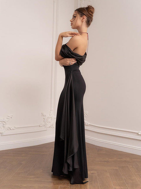 One Shoulder Mesh Patchwork Ribbon Dress New Slim Fit Black Female Long Dress Party Evening Dress