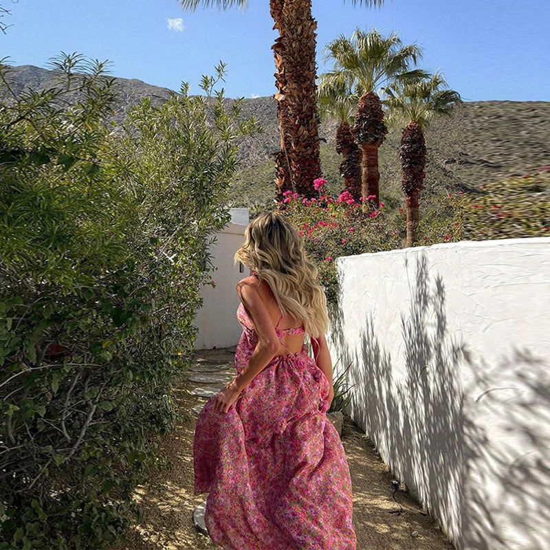 Cross Halter Rose Design Maxi Dress Spring Print Long Party Dress Summer Backless Hollow Holidays Dresses