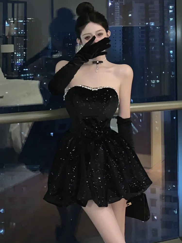 Black Velvet Dresses Y2k Strapless Birthday Party Mini Dress Korean Slim Waist Aline Short Vestidos Female Clothing