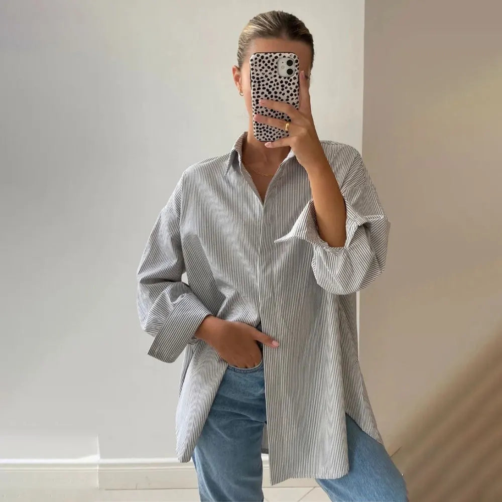 Autumn Striped Blouses for Basic Turndown Collar Long Sleeve Shirt Female Blouses