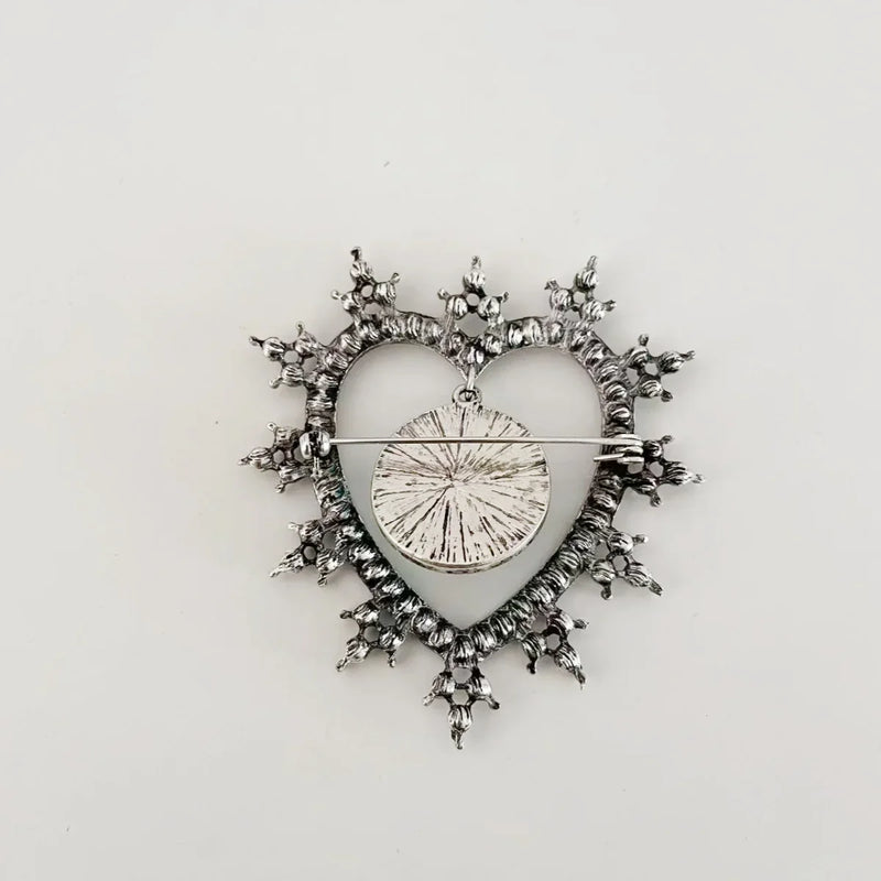 Rhinestone Heart & Moon Face Brooch