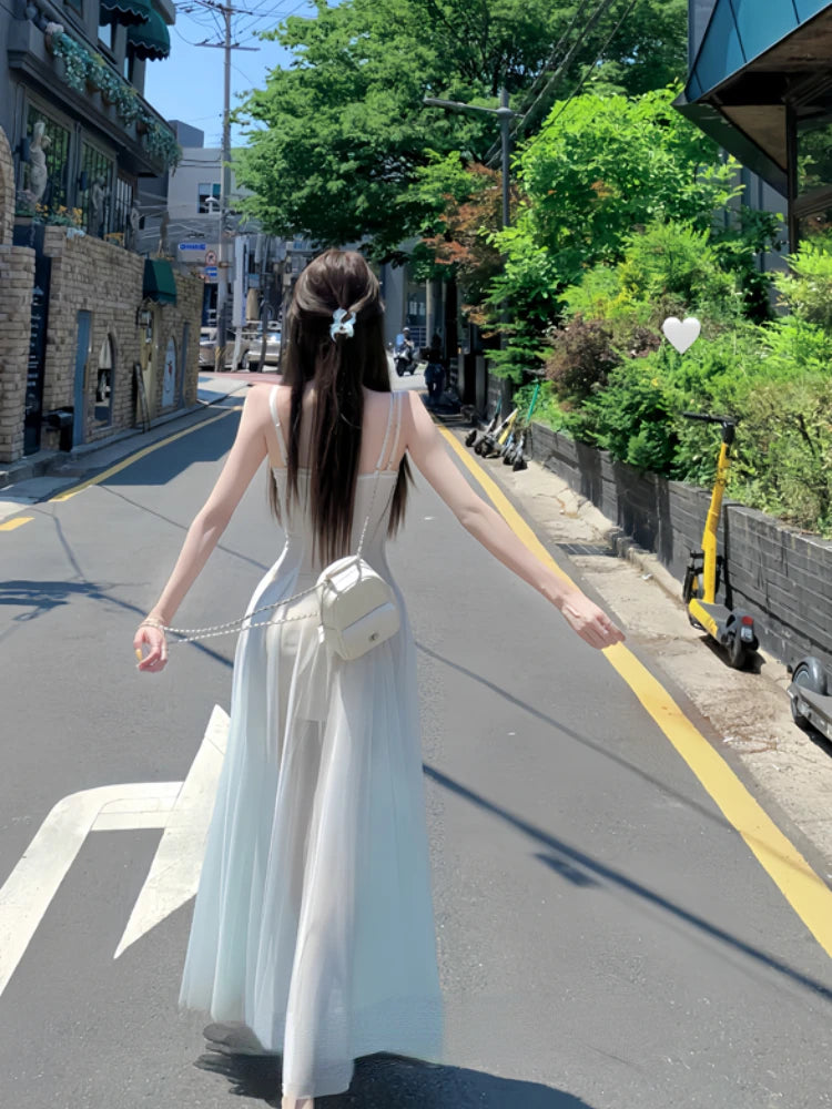Summer Lace Midi Dress Beach Evening Party Sleeveless Strap Dress One Piece Dress Korean