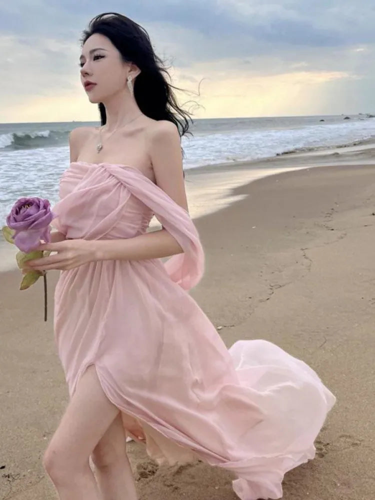 Summer Pink Pleated High Waist Split Long Dress Backless Halter Strapless Fairy Dress Female Vestido