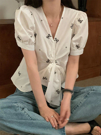Stylish Vneck Sweet Blouses Summer Florals Half Sleeve Gentle Office Lady Slim Mujer High Street
