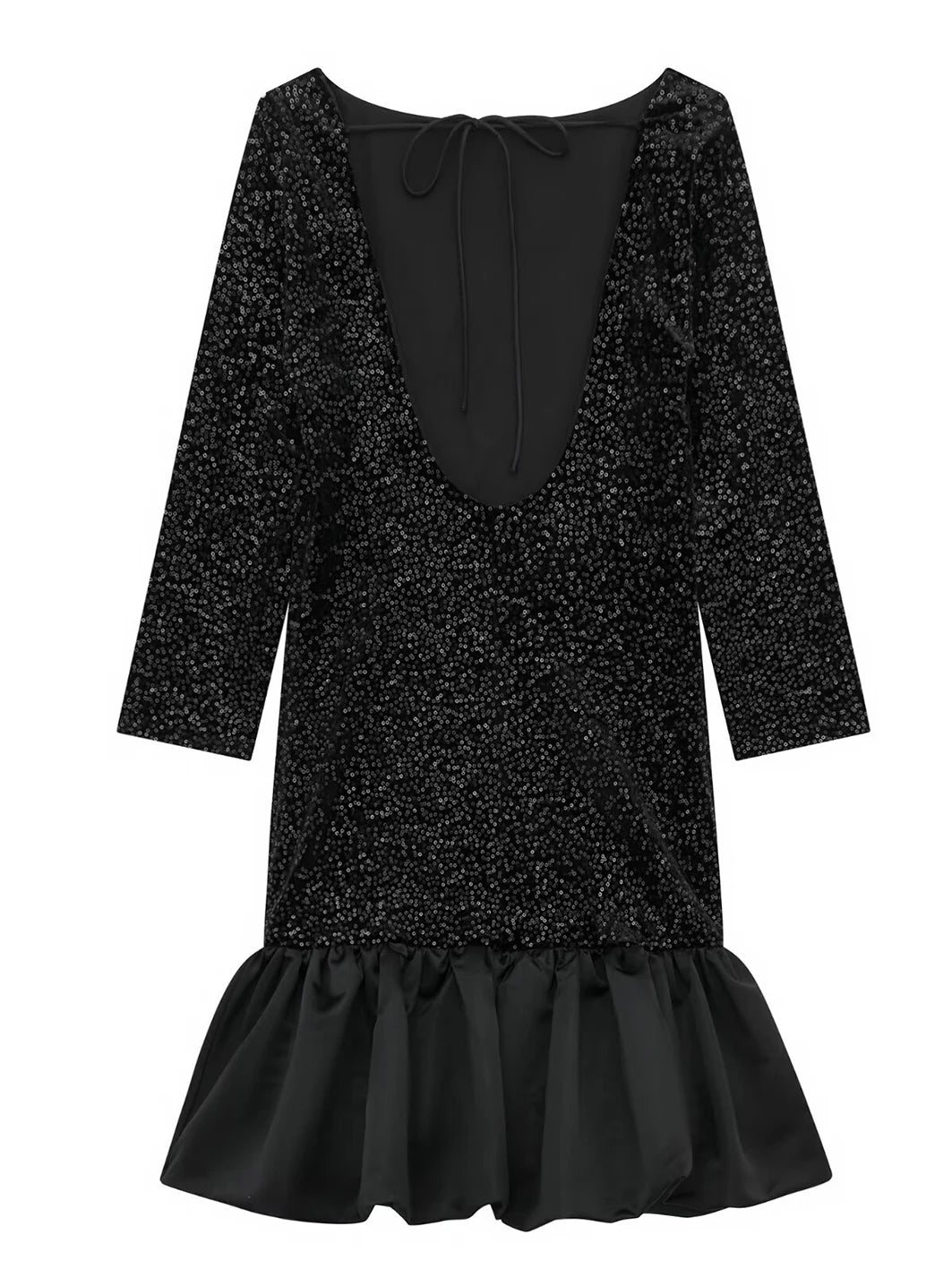 Sequined Patchwork Mini Dress Woman Backless Laceup Long Sleeve Oneck Short Vestidos Evening Party Dresses