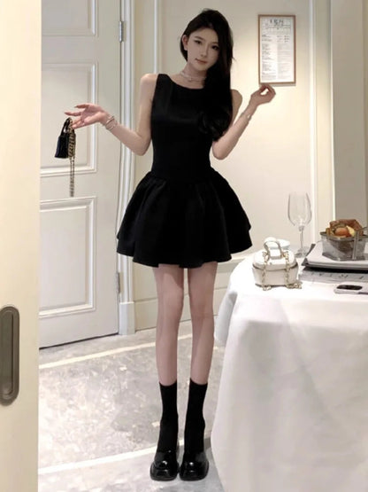Party Mini Dresses Backless Bow Bandage Pearl Sleeveless Dress Slim French Style