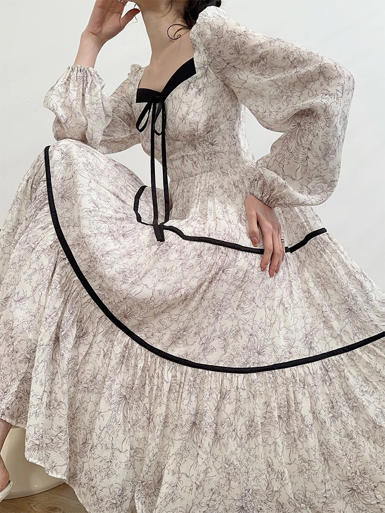 Printed Midi Dresses for Lantern Sleeves Square Collar A-line Birthday Party Dress Autumn New Prom Robe