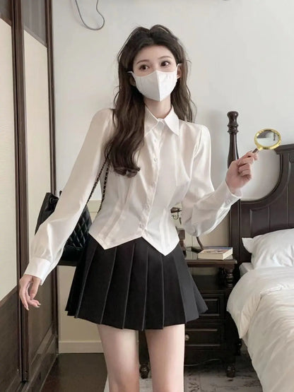 White Long Sleeve Crop Shirt Slim Tunic Button Up Basic Blouse School Top Female Swallow Tail Formal