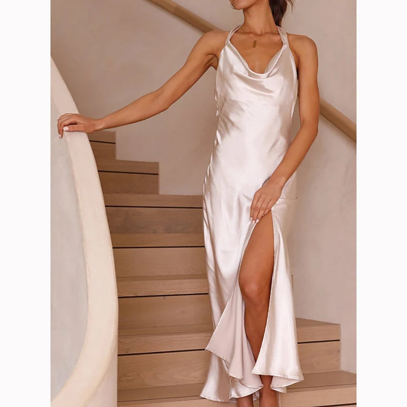 Slim Fit Backless Evening Dress Summer Satin Split Sleeveless Long Dresses Party Halter Dress 28312