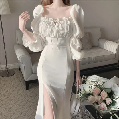 Autumn New Bodycon Midi Dresses for Puff Sleeve Square Collar High Split Office Lady Korean Evening Party Dress