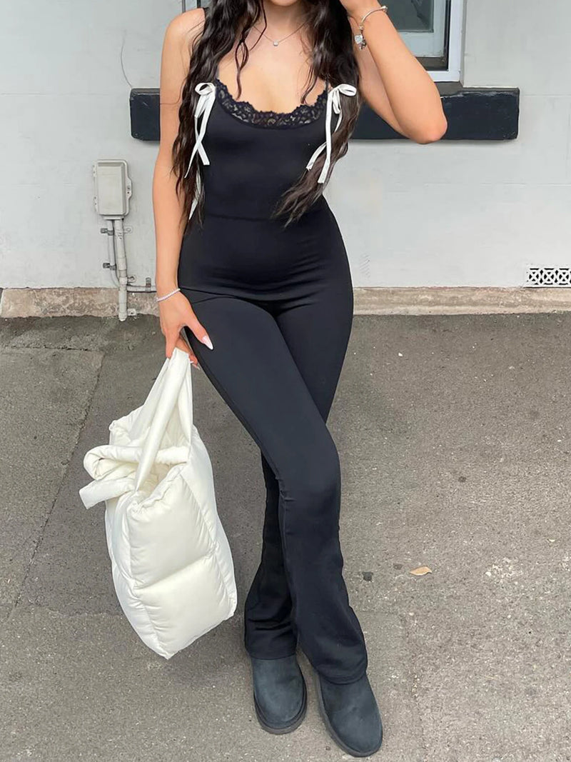 Black Sleeveless Skinny Flared Jumpsuits Lace Trim Tie Bow Sweet Y2k Slip Rompers