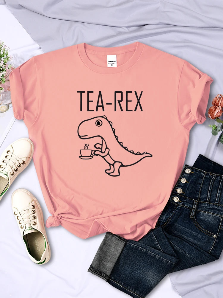 Tea Rex Funny Dinosaur Drink Coffee Female T-shirts Breathable Short Sleeve Personality All-math Tee Clothing Tops