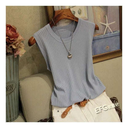 Summer Sleeveless Blouse O-neck Knitted Blouse Shirt Clothes Tops Df4903